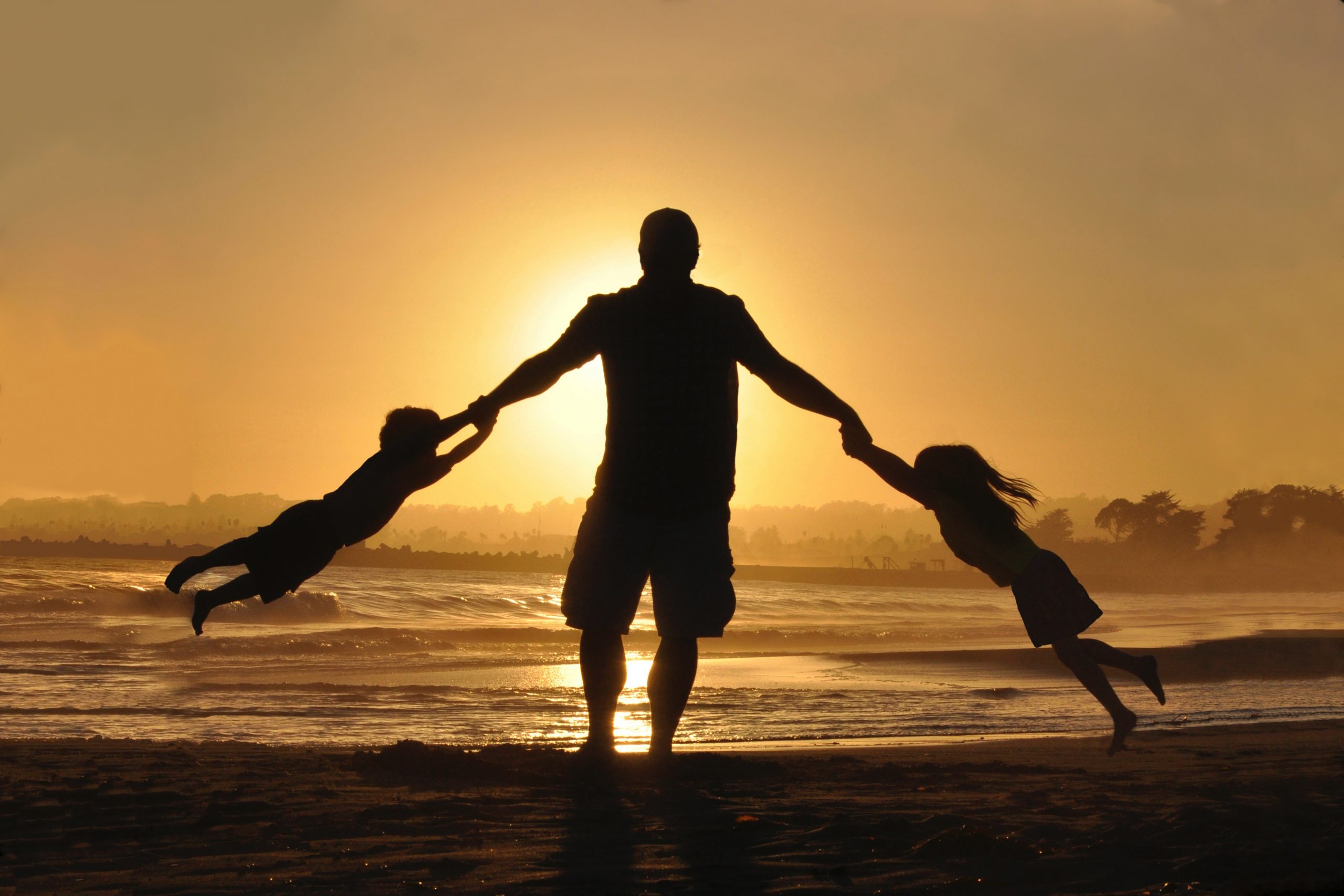 silhouette of man holding two childrens on shore during daytime